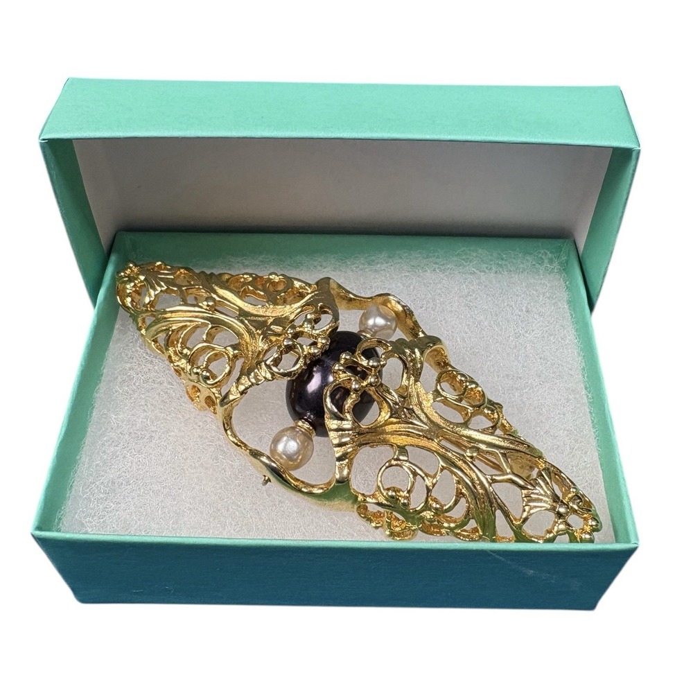 Vintage Napier 1980s Brooch Gold Filigree Faux Pearl Purple Cabochon Book Piece